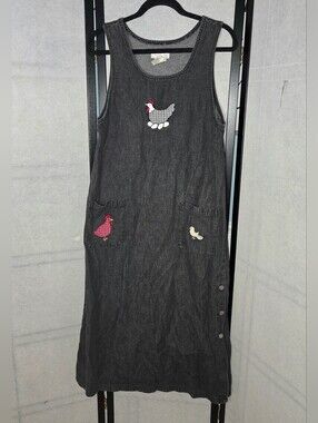 Vintage Mandal Bay Womens Medium Chicken Hen Black Denim Jumper Dress Pockets